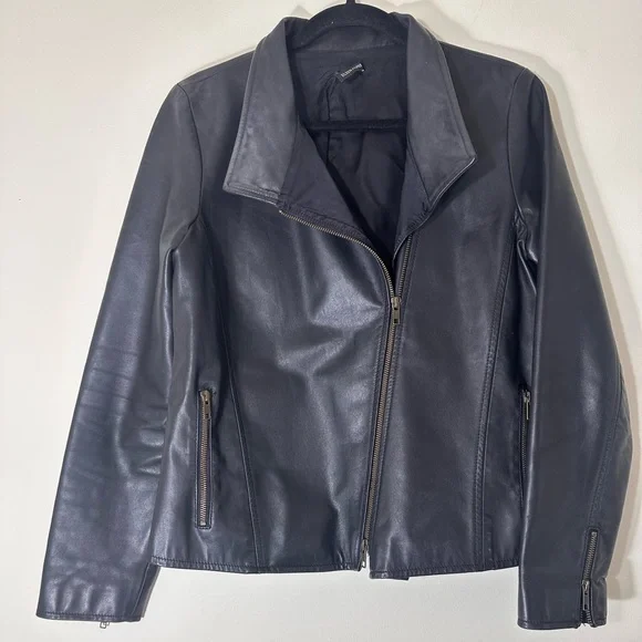 Eileen Fisher Leather black moto biker jacket Asymmetrical zip size small - Picture 6 of 16